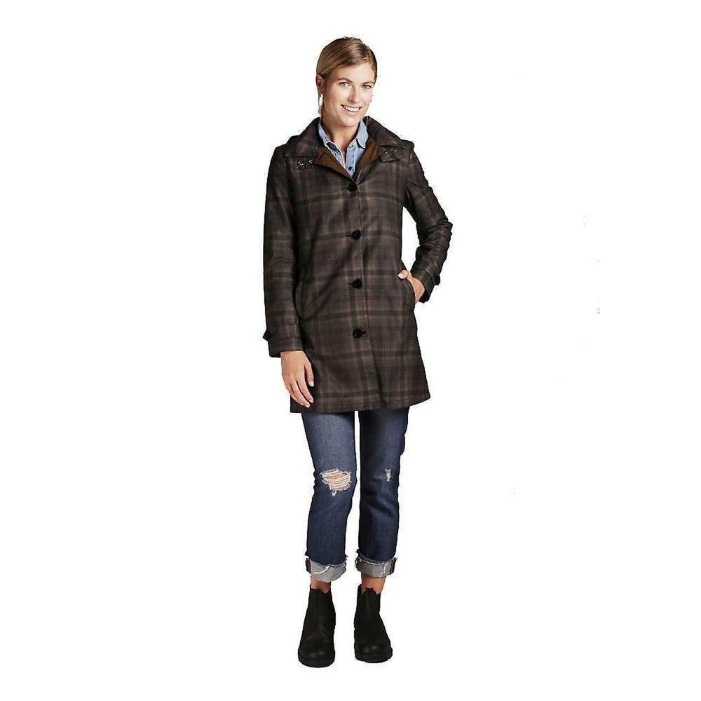 Feller Seattle Waxed Cotton Raincoat Brown Plaid Hooded Jacket Womens Small USA